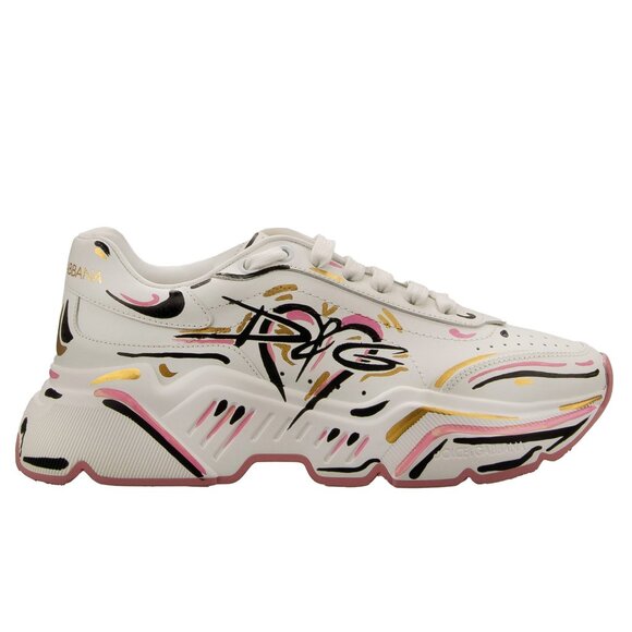 Dolce & Gabbana - Hand Painted Woman Leather Sneaker DAYMASTER White Pink 38 US - Picture 3 of 5